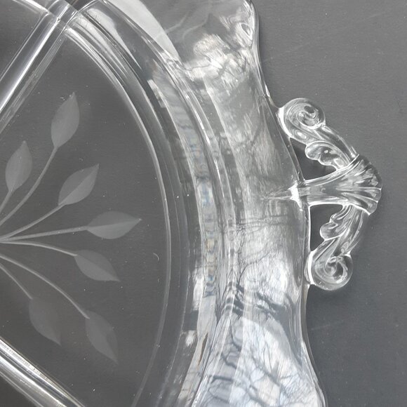W.J. Hughes CORNFLOWER Glass Handled Divided Large Bowl Lancaster Etched VTG - Picture 10 of 12